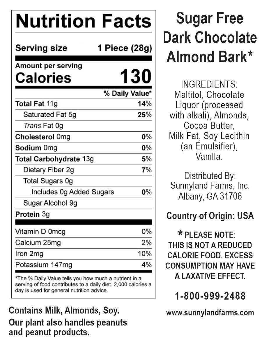 Sugar Free Dark Chocolate Almond Bark - For Sale - Sunnyland Farms